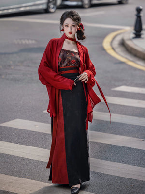 Modern hanfu set red wide sleeve cardigan robe and black lace slip maxi dress dark gothic streetwear chinese style for women front view