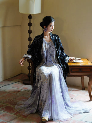 Modern oriental beaded embroidery dress heavy silk velvet with intricate sequins for evening and party fabric and bead detail