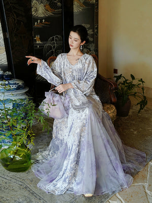 Modern oriental dress in heavy silk velvet intricate bead and sequins embroidery for women evening wear front view