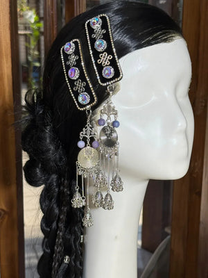 Mongolian handmade modern ethnic hair accessories pearl and coral hair clips for traditional and modern looks back view