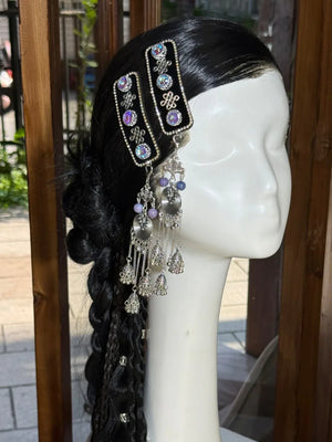 Mongolian handmade modern hair clips traditional ethnic pearl coral hair accessories for everyday and special occasions fabric and pearl detail