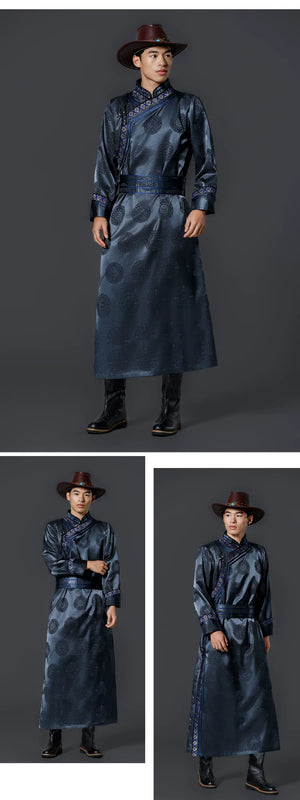 Mongolian men traditional long robe versatile ethnic outfit for daily life and performance events fabric detail