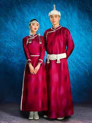 Mongolian traditional couple wedding robe set rose red ethnic dress for bride and groom ceremony back view
