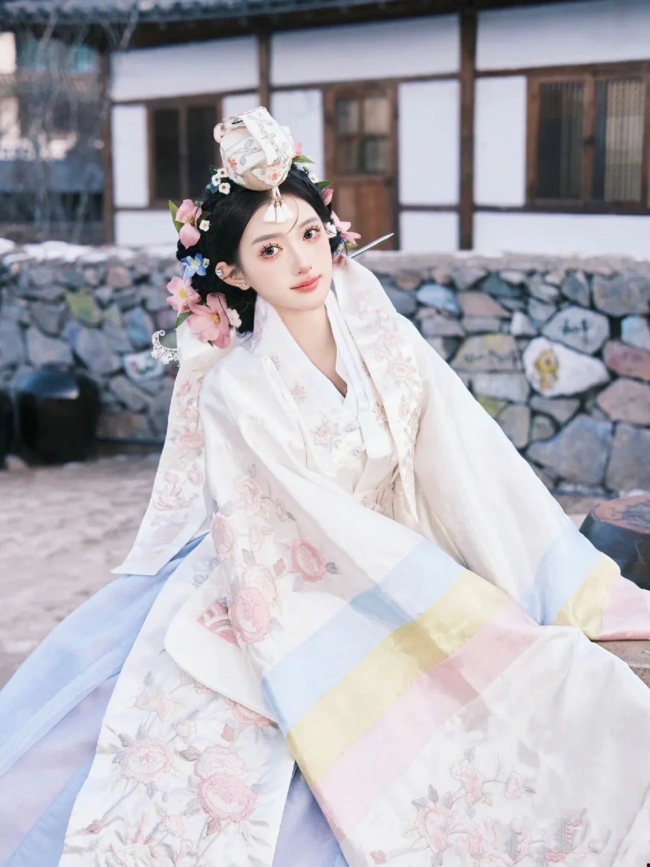 White Korean Wedding Dress - Traditional Embroidered Hanbok Bridal Gown White Dress (robe, ten skirts, ten headbands, ten waist seals) / One size White Korean Wedding Dress - Traditional Embroidered Hanbok Bridal Gown White Dress (robe, ten skirts, ten headbands, ten waist seals) / One size