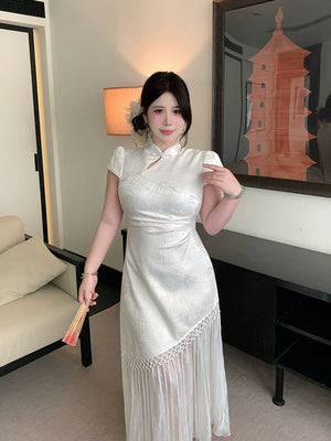 National style jacquard waist dress large size new chinese temperament slim tassel splicing cheongsam skirt