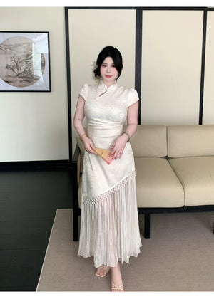 National style new chinese cheongsam large size slim tassel splicing jacquard waist temperament dress