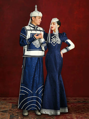 Navy blue mongolian couple robe bride toast dress with elegant fishtail skirt for wedding celebration front view