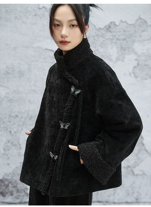 New chinese black plush jacket women loose chenille thick top autumn and winter back view