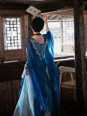 New chinese blue butterfly embroidery set yu bai xin qingshan line lace cardigan and tencel jacquard dress