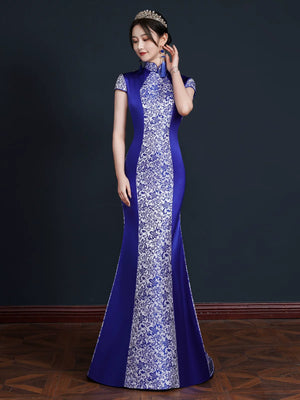New chinese high end performance cheongsam blue white porcelain fishtail trailing catwalk dress 2025