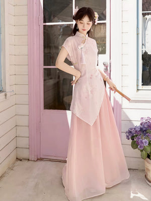 New chinese retro pink cheongsam set improved dress with wide leg pants two piece summer outfit for women fabric detail