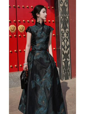 New chinese silk embroidered top skirt chengyu haute couture fengluan jinlin cheongsam set