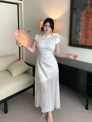 New chinese slim tassel cheongsam large size national style jacquard waist splicing dress