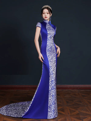 New chinese style beautiful blue and white porcelain cheongsam show catwalk high end performance clothes 2025 new catwalk fishtail trailing dress