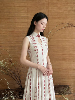 New chinese style qiliu tingfeng dress chengyu couture silk linen gold embroidery sequin tassel