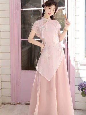 New chinese summer retro pink cheongsam improved dress with wide leg pants two piece set for women back view
