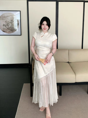 New chinese tassel splicing cheongsam large size slim national style jacquard waist dress