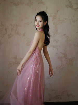 "Bella" pink sequined gauze halter dress bride - Yandan_Hanfu