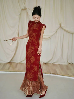 Lotus Step – Red Mermaid Qipao for Wedding, Engagement & Tea Ceremony - Yandan_Hanfu