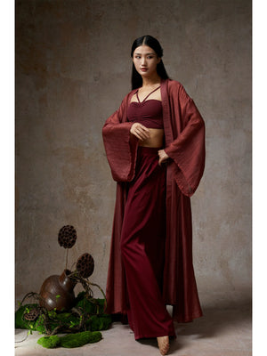 Yandan_Hanfu elegant wine red sheer tencel dance outfit with flowing cardigan, crop top, and wide pants