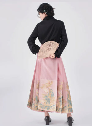 Yu Bai Green & Pink Hanfu Weaving Gold Horse Dress Crane Symphony - Yandan_Hanfu