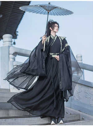 Cloud Collar Elegance – Unisex White Embroidered Modern Hanfu | Flowing Wide-Sleeve Wei-Jin Style Outfit - Yandan_Hanfu