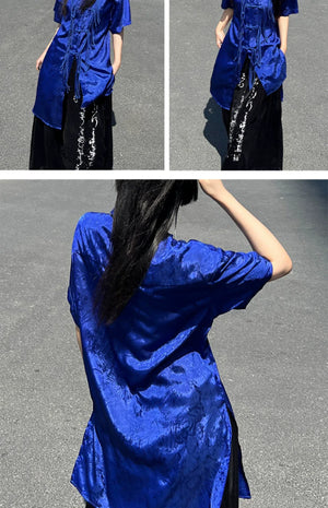 New Chinese style | Klein blue button-down shirt casual all-match shirt suit - Yandan_Hanfu