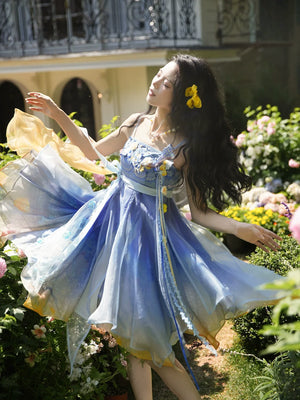 Star & Moon Platycodon – Elegant Qi-Xiong Modern Hanfu Dress with Spaghetti Straps & Embroidery - Yandan_Hanfu