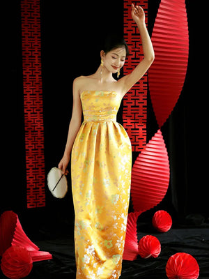 "Yunjing" yellow jacquard pregnant woman cheongsam bride toast dress - Yandan_Hanfu