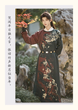 Golden Fish Over the Desert – Tang-Inspired Round Collar Hanfu Coat with Plush Fur Trim (Unisex Winter Set) - Yandan_Hanfu