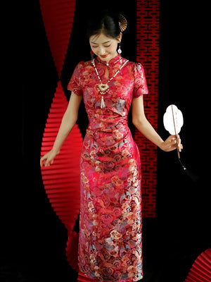 Yue Xi – Red Embroidered Jacquard Qipao for Wedding, Engagement & Tea Ceremony - Yandan_Hanfu