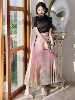 Yu Bai Green & Pink Hanfu Weaving Gold Horse Dress Crane Symphony - Yandan_Hanfu