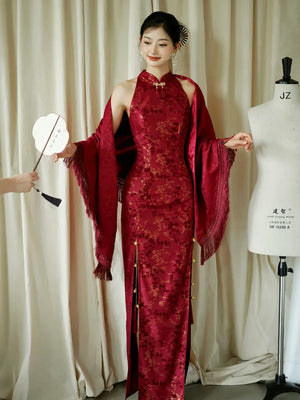 "Jubilee Bell" Red Cheongsam Shawl Bridal Toast Engagement Dress - Yandan_Hanfu