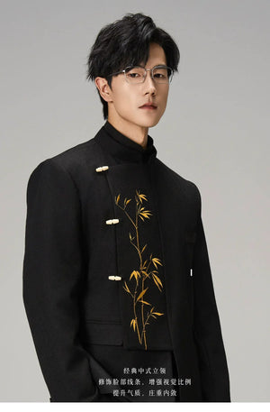 Golden Bamboo Embroidered Mandarin Blazer – Black New Chinese Unisex Jacket - Yandan_Hanfu