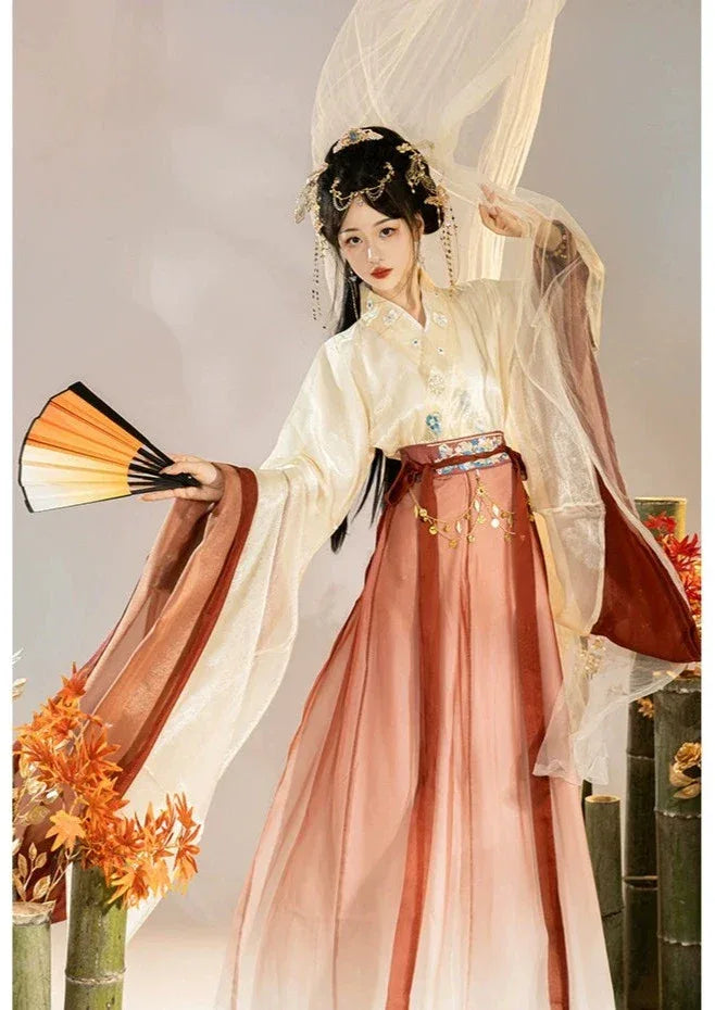 Wei Jin | Hanfu Women's Blue & Red Princess Dress Waist-length Broken Skirt Embroidery Suit - Yandan_Hanfu