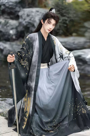 Golden Steps – Ink Bamboo & Butterfly Traditional Hanfu | Unisex Wei-Jin & Song Style Cross-Collar Wide-Sleeve Set - Yandan_Hanfu