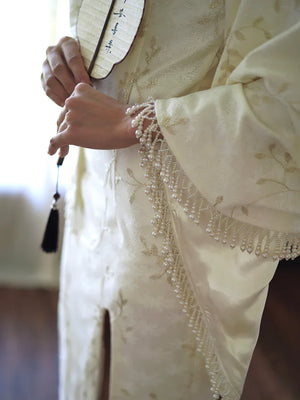 "Qianzhi" white embroidered shawl showing thin backless cheongsam bride wedding dress toast engagement - Yandan_Hanfu