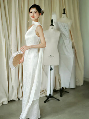 "Pianrou" White Jacquard Ribbon Morning Gown Knot Bridal Toast Dress Engagement Banquet Bar Mitzvah - Yandan_Hanfu