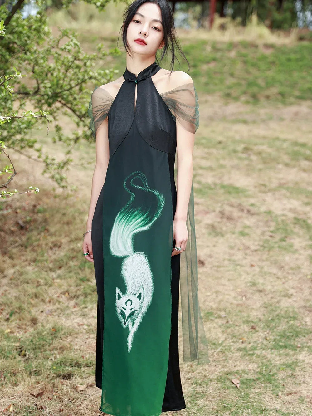 New Chinese Hanging Neck Dress Women's Summer Retro Splice Chiffon Fox Print Improved Qipao Skirt M New Chinese Hanging Neck Dress Women's Summer Retro Splice Chiffon Fox Print Improved Qipao Skirt M