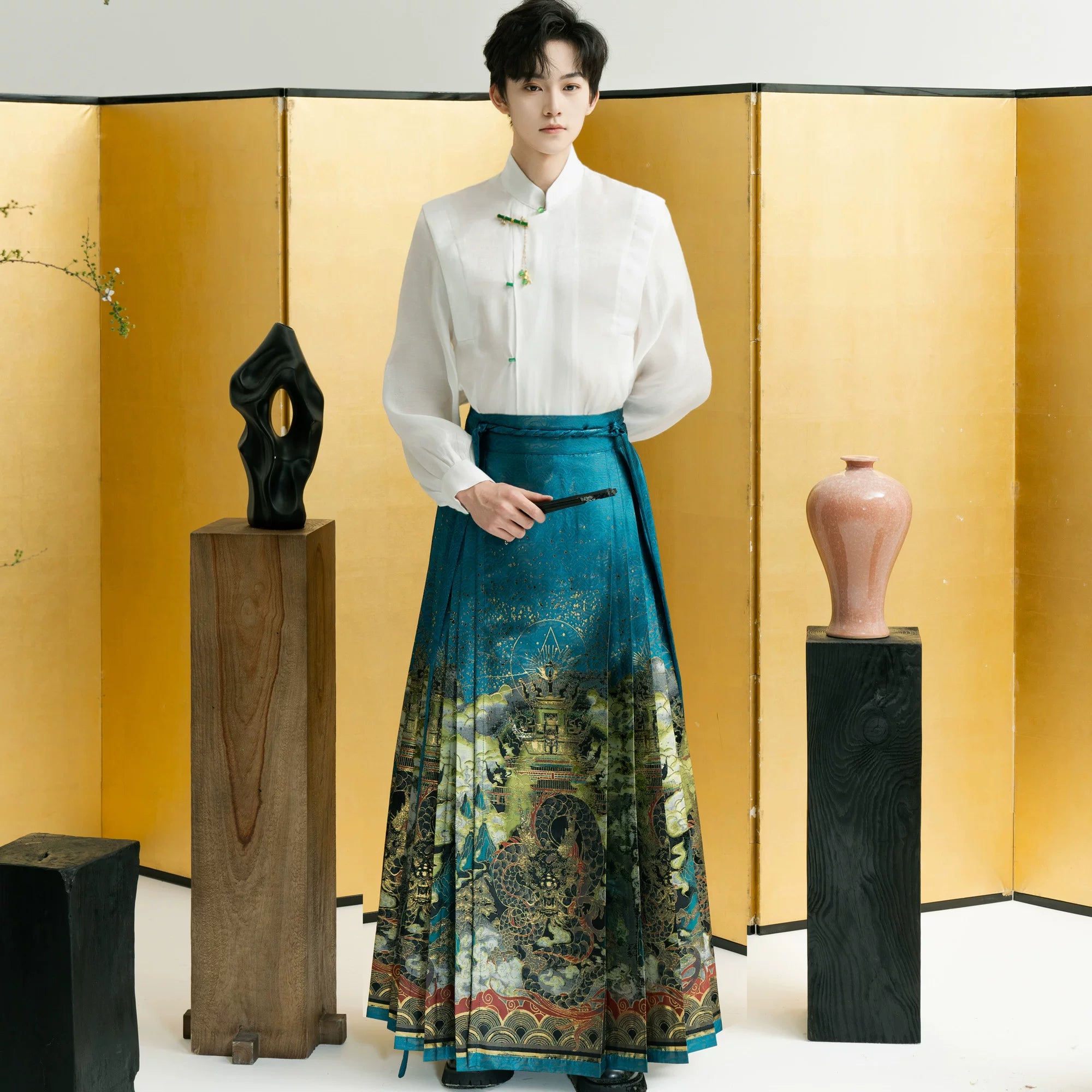 New Chinese style Hanfu men's shirt retro weaving gold horse skirt