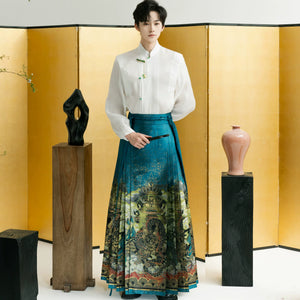 Men's modern Hanfu shirt and dragon Mamian skirt set front view