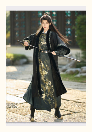 Golden Fish Over the Desert – Tang-Inspired Round Collar Hanfu Coat with Plush Fur Trim (Unisex Winter Set) - Yandan_Hanfu