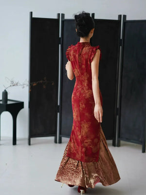 Lotus Step – Red Mermaid Qipao for Wedding, Engagement & Tea Ceremony - Yandan_Hanfu