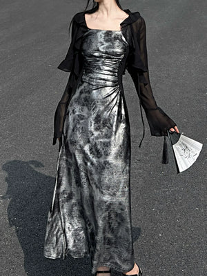 Glossy gray and silver new Chinese atmosphere Spice girl suspender dress Hot silver temperament long dress women - Yandan_Hanfu