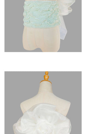 Back view of white Bing'er flower belt knot with flowing tails, designed for elegant kimono styling and waist sealing.