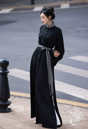 New Chinese style | Everyday stand-up collar dress shirt long skirt - Yandan_Hanfu