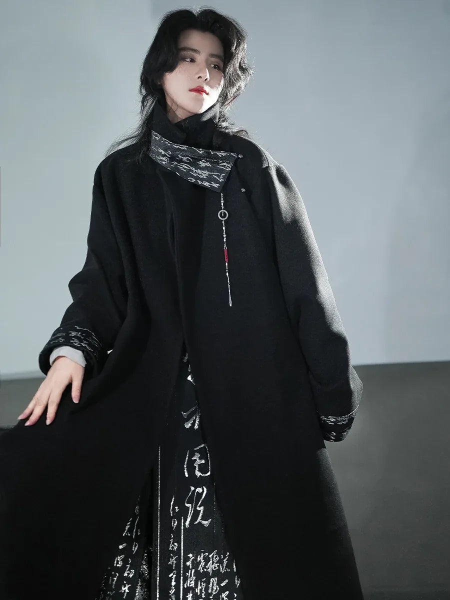 New Chinese woolen coat black woven silver men's and women's horse skirt jacket - Yandan_Hanfu