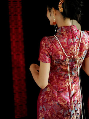 Yue Xi – Red Embroidered Jacquard Qipao for Wedding, Engagement & Tea Ceremony - Yandan_Hanfu