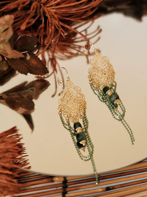 Su Mask Ear Clips - Hanfu Gold Tassel Earrings with green chalcedony and floral motifs, displayed on mirror with dried flowers and bamboo mat.