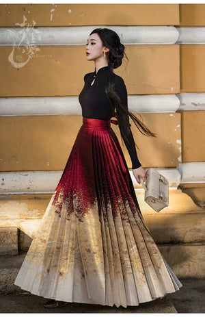 Lunar Spring River – Red Hanfu Maxi Skirt Set, New Chinese Style 6-Meter Hem Mamian Skirt with Knit Top & Wool Coat - Yandan_Hanfu